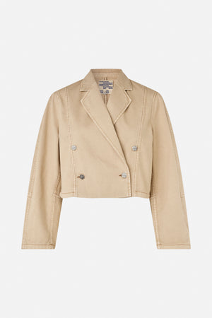 Front view of a sand-beige cropped double-breasted jacket with wide lapels, contrast stitching and logo buttons.