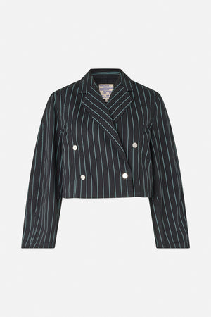 Front view of a cropped black double-breasted blazer with thin turquoise pinstripes, notched lapels and silver-tone buttons.