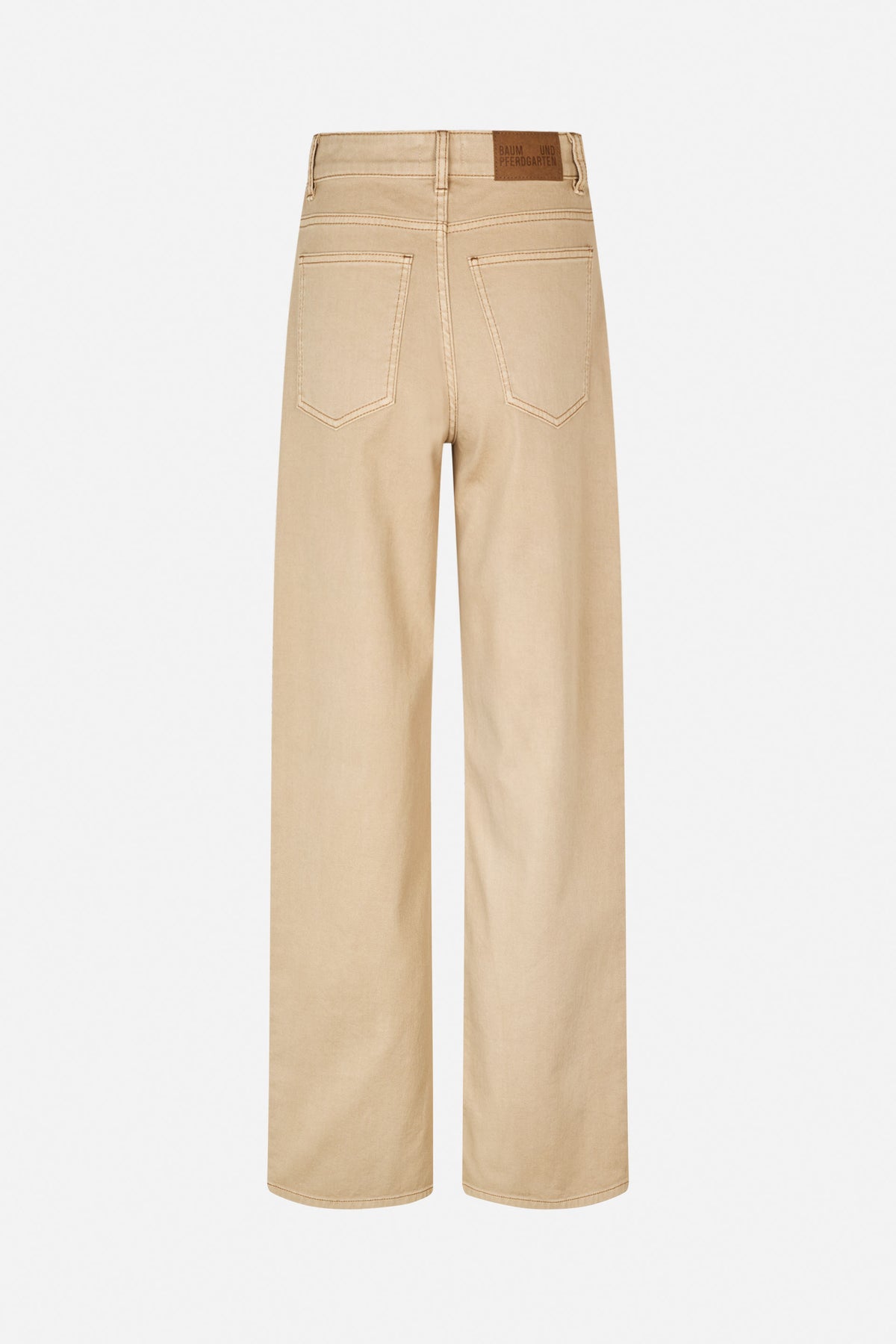 Back view of light beige wide-leg trousers with two patch pockets, contrast stitching and a brown waistband patch.