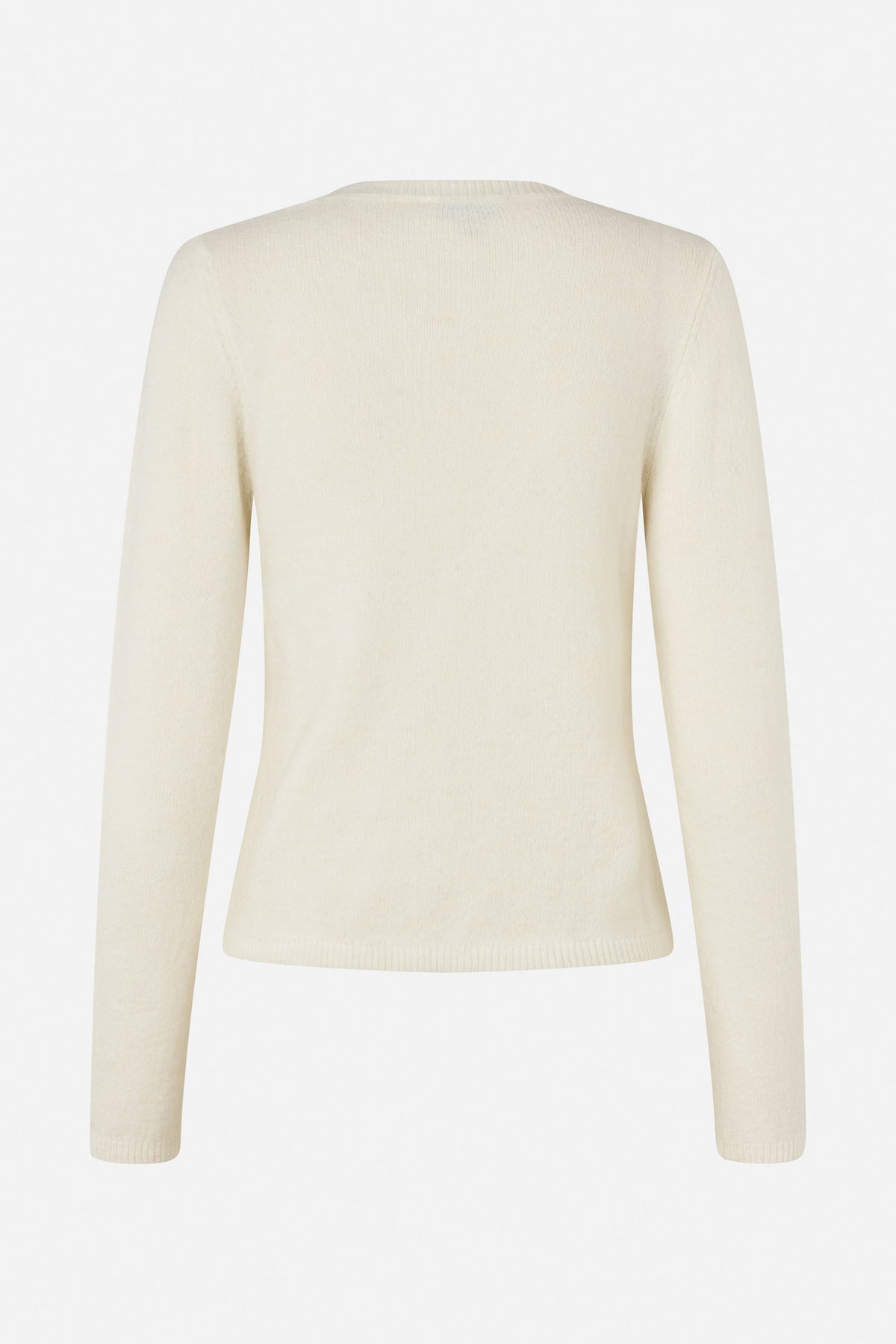 Back view of an ivory long-sleeved knit sweater with a simple neckline and ribbed cuffs and hem.