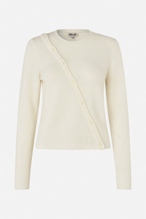 Front view of an ivory long-sleeved knit cardigan with a crew neck and buttons along an asymmetrical diagonal front opening.