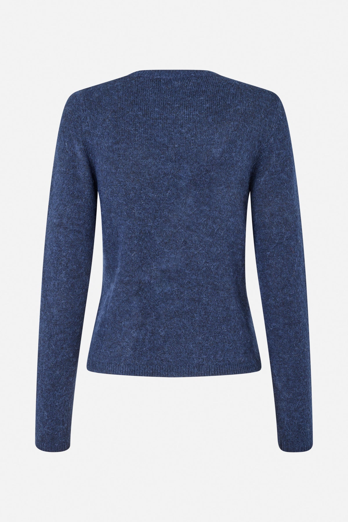 Straight-on view of a dark blue marled knit sweater with long sleeves and a gently shaped waist.