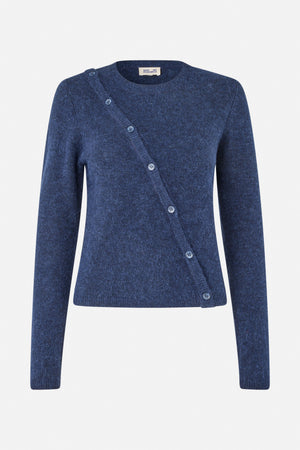 Front view of a navy blue marled knit cardigan with long sleeves, a round neckline and diagonal button fastening.
