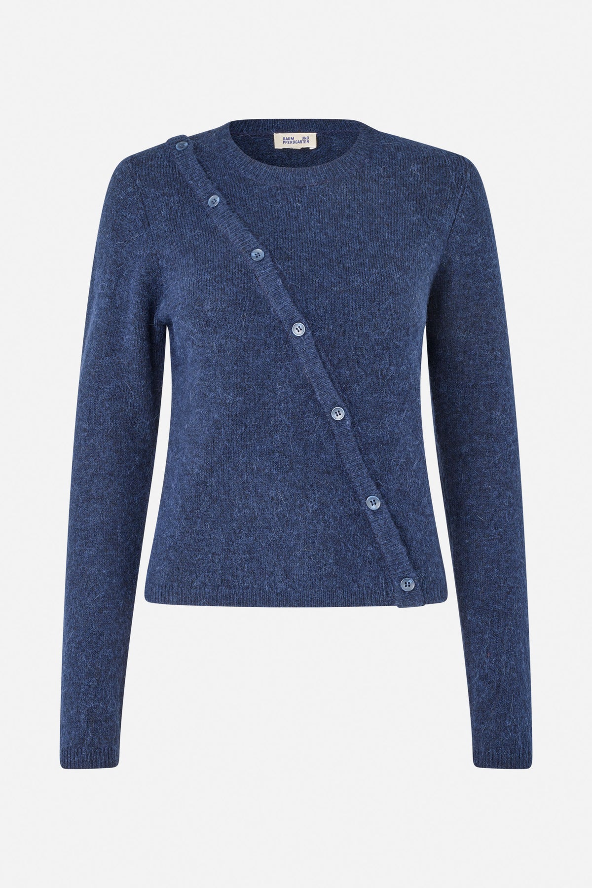 Front view of a navy blue marled knit cardigan with long sleeves, a round neckline and diagonal button fastening.