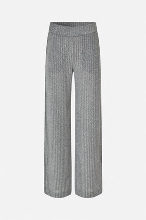 Front view of grey wide-leg trousers with a fine white-speckled texture and broad waistband.