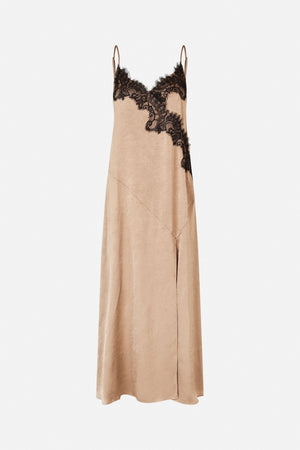 Front view of a beige slip dress with thin straps and asymmetric black lace trim across the neckline and bodice.