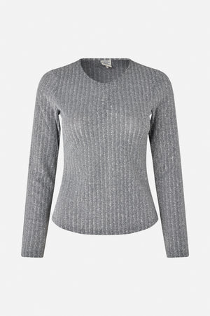 Front view of a fitted, long-sleeved grey top with a round neckline and a fine silver shimmer throughout.
