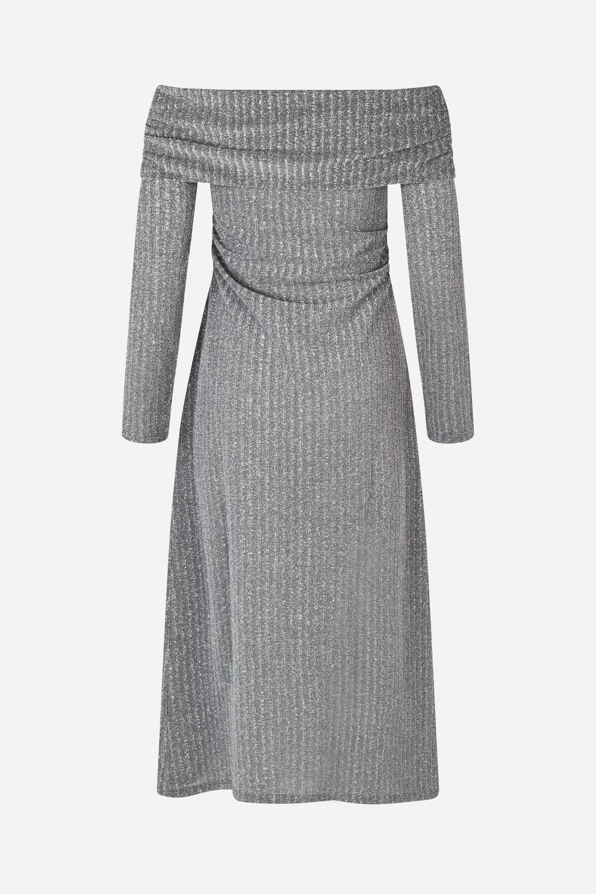 Front view of a long-sleeved silver glitter dress with an off-the-shoulder neckline and draped, gathered waist.