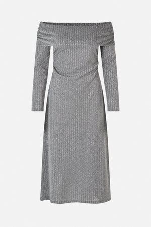 Front view of a long-sleeved silver metallic maxi dress with an off-the-shoulder neckline and draped waist