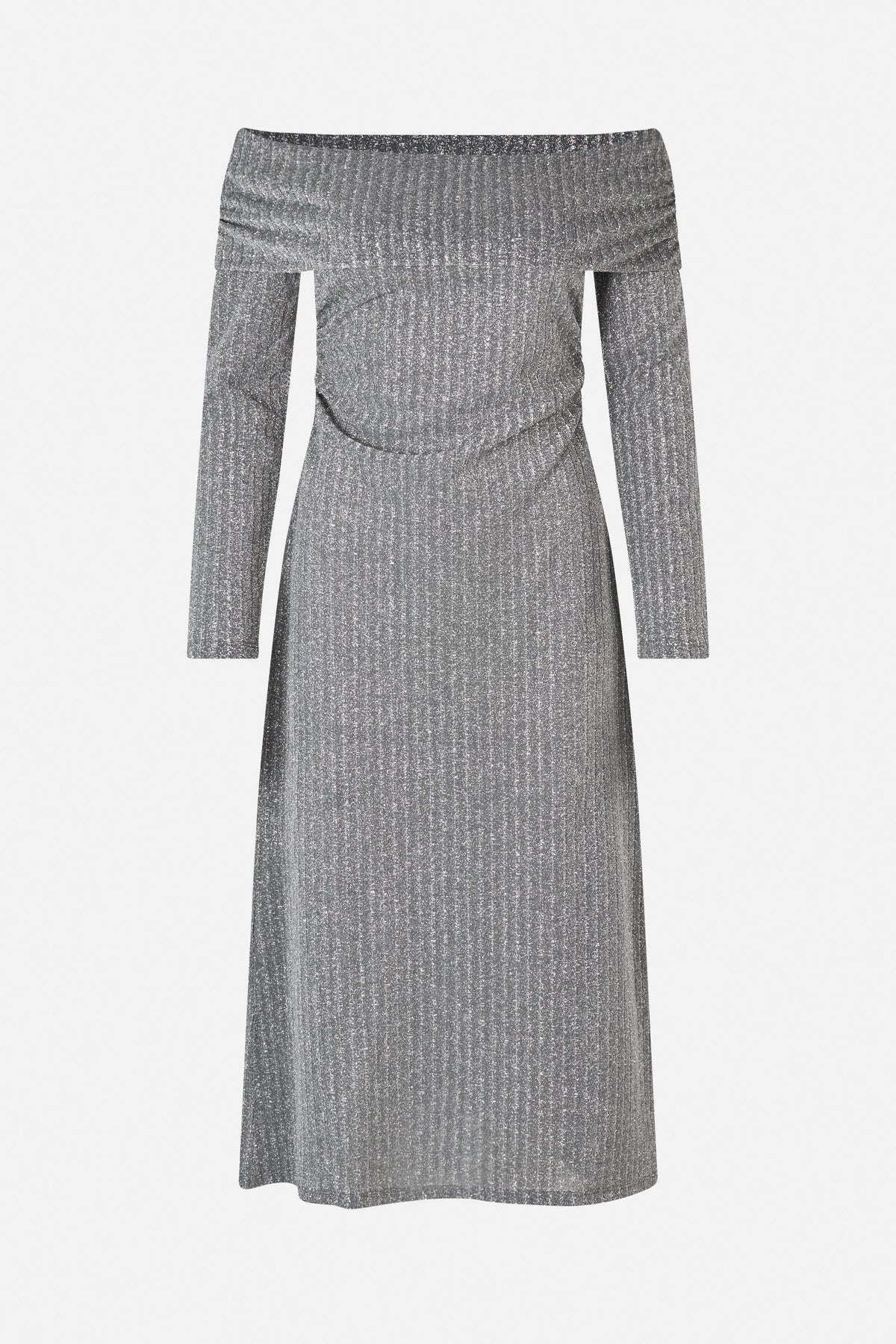 Front view of a long-sleeved silver metallic maxi dress with an off-the-shoulder neckline and draped waist