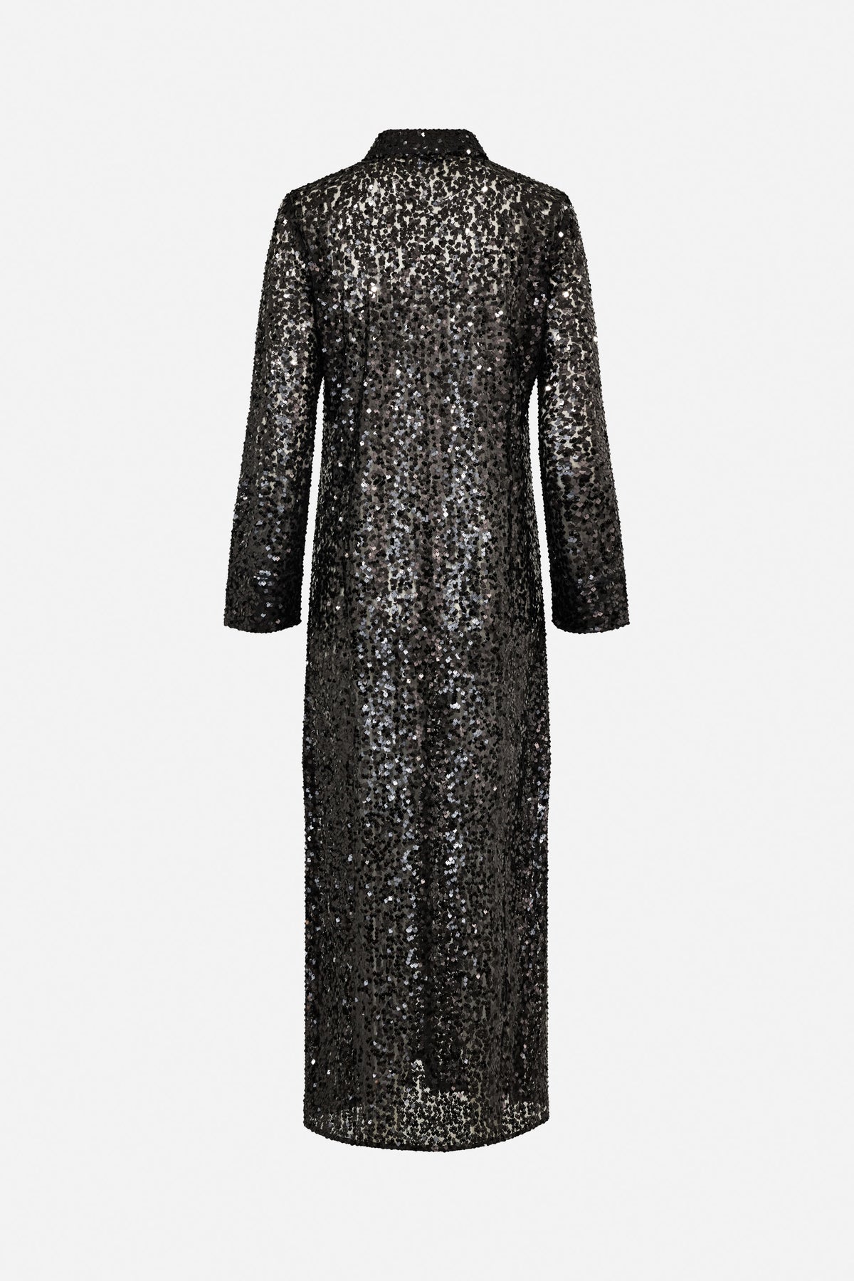 Back view of a long-sleeved black dress covered in reflective silver and black sequins, with a shirt collar.