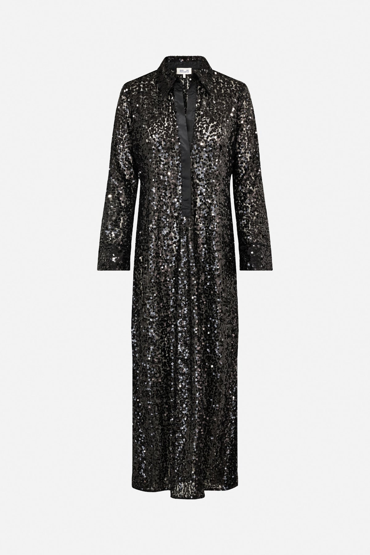Front view of a long-sleeved black shirt dress covered in reflective silver and charcoal sequins, with a pointed collar and black front placket.