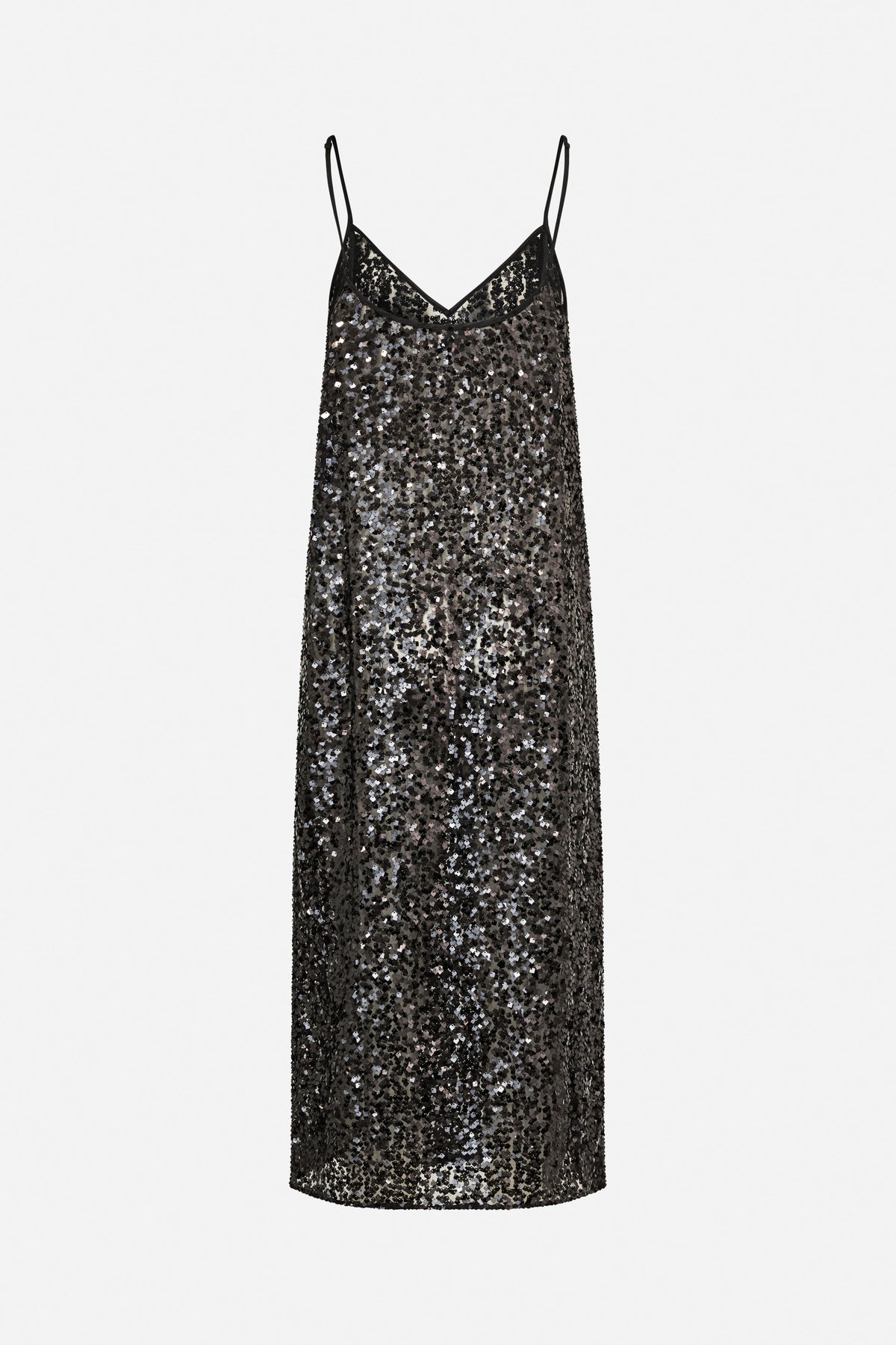 Front view of a black slip dress with thin straps, a V-neckline and dense silver-gray sequin embellishment.