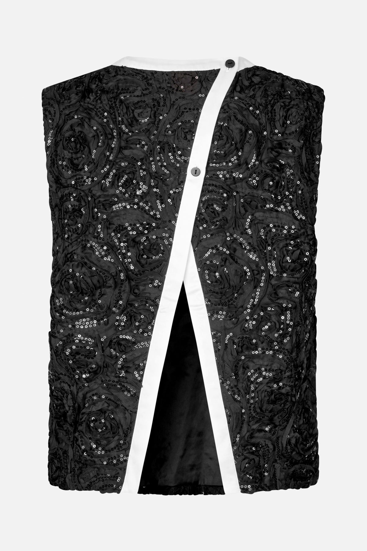 Black sleeveless vest with swirling sequin embellishment, shown open with white buttoned front trim.