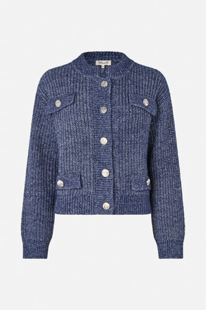 Front view of a navy and white flecked knit cardigan with a round neckline, large metallic buttons and flap pockets.