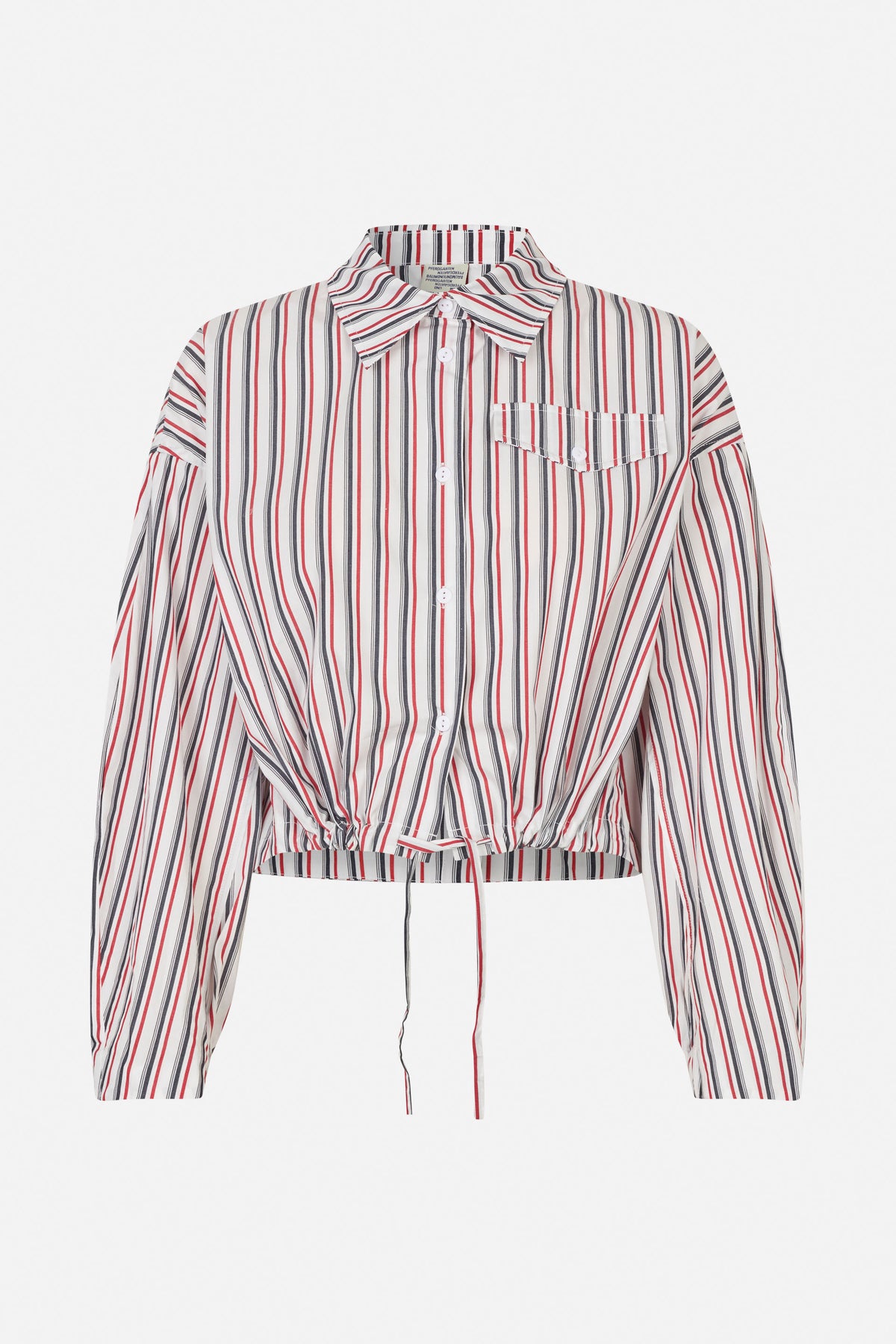 Front view of a white long-sleeved shirt with red and black vertical stripes, a pointed collar, button front, chest pocket and tied gathered hem.