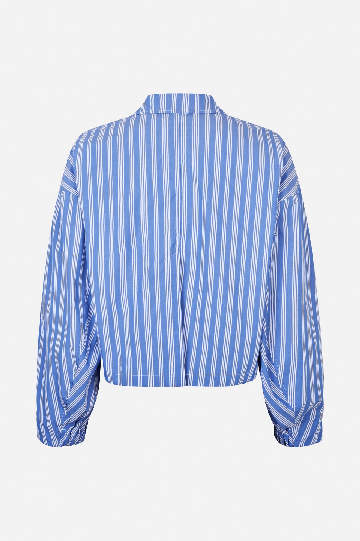 Back view of a blue-and-white vertically striped blouse with a pointed collar, long sleeves and gathered cuffs.