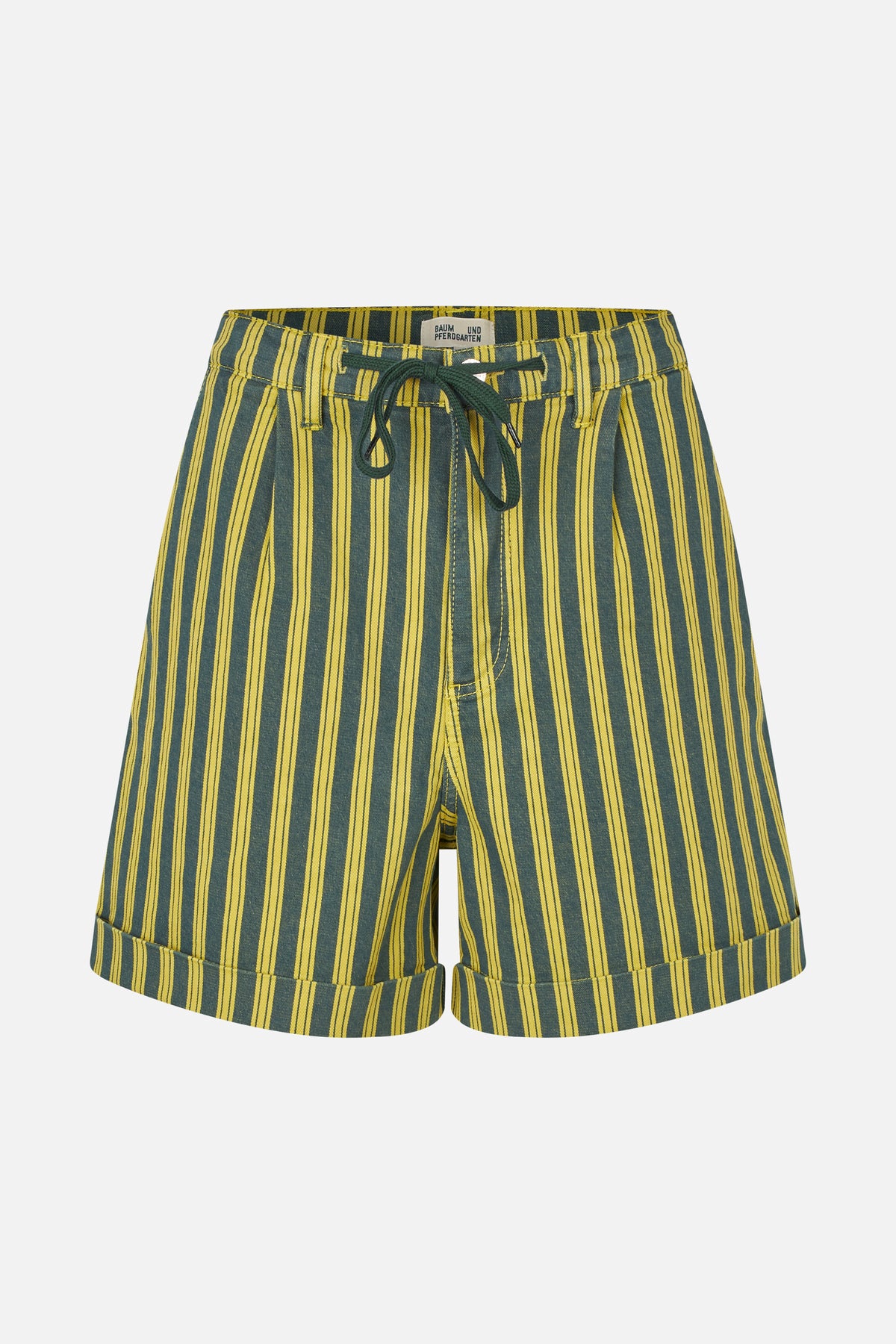 Front view of blue-green shorts with narrow yellow vertical stripes, a dark drawstring waist, belt loops and wide cuffed hems.
