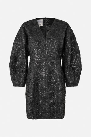 Front view of a black long-sleeved V-neck mini dress with raised swirling patterns and scattered sequins.