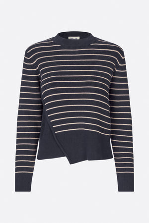 Front view of a dark navy rib-knit sweater with a crew neck, long sleeves, narrow cream stripes and an overlapping asymmetric front panel.