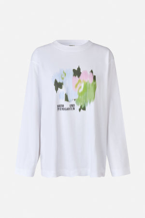 Front view of a white long-sleeved crewneck top with an abstract pastel graphic and Baum und Pferdgarten lettering.