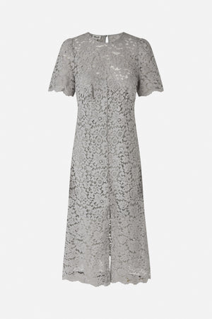 Front view of a light grey floral lace midi dress with short sleeves, a round neckline and scalloped edges.