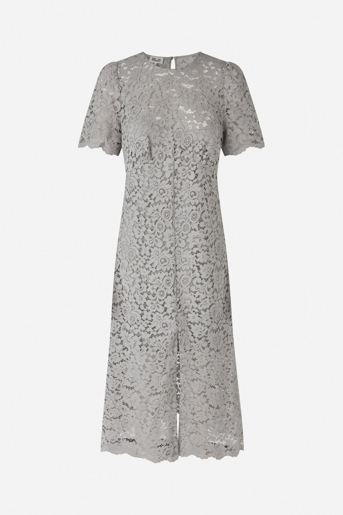 Front view of a light grey floral lace midi dress with short sleeves, a round neckline and scalloped edges.