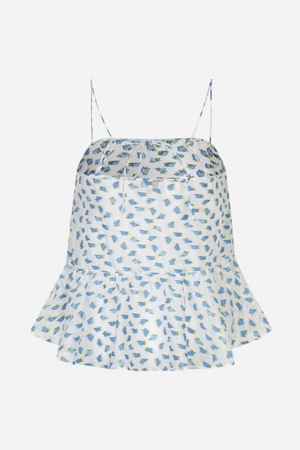 White strappy dress with a gathered flared skirt and small blue-and-green floral print, shown from the front.