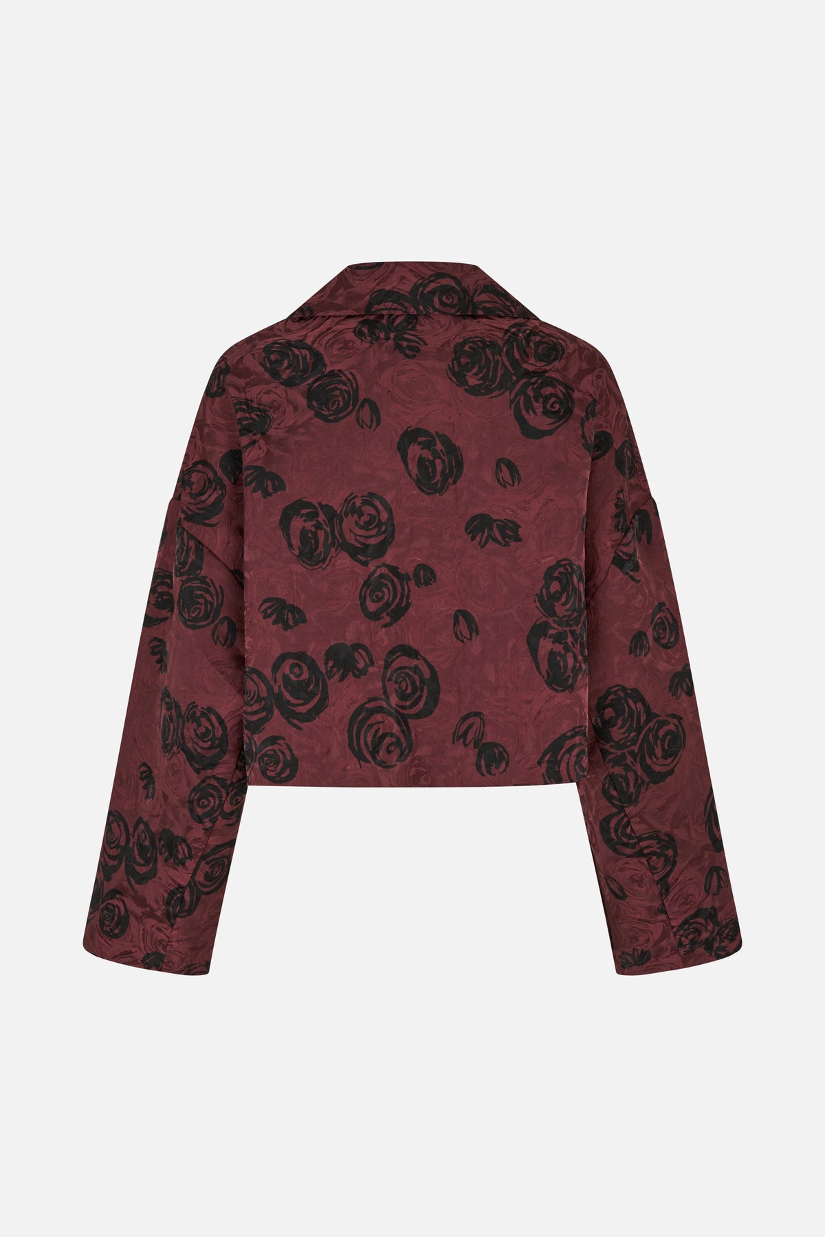 Back view of a burgundy long-sleeved shirt with an all-over black rose print.