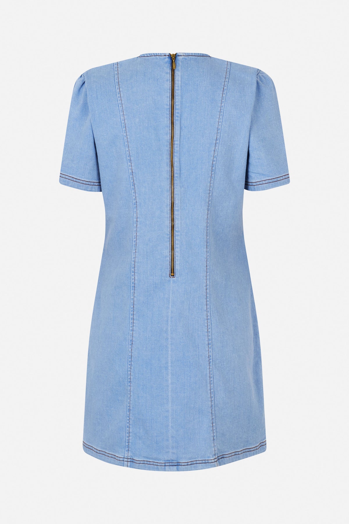 Light blue denim dress shown from the back, with short sleeves, vertical panel seams and a central gold-tone zipper.