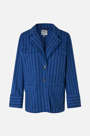 Front view of a blue striped button-front jacket with wide lapels, long sleeves, and multiple flap pockets.