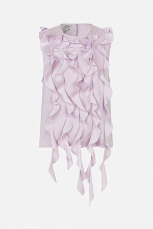 Pale lilac sleeveless top with a round neckline and dramatic layered ruffles cascading down the front.