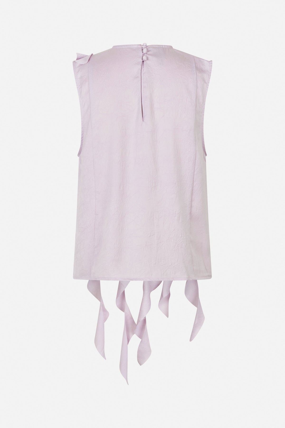 Back view of a pale lavender sleeveless dress with a crinkled texture, three covered buttons and long fabric strips hanging from the hem.