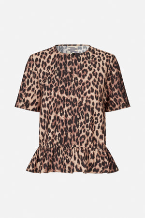 Front view of a short-sleeved leopard-print top with a round neckline, single-button closure and gathered peplum hem.