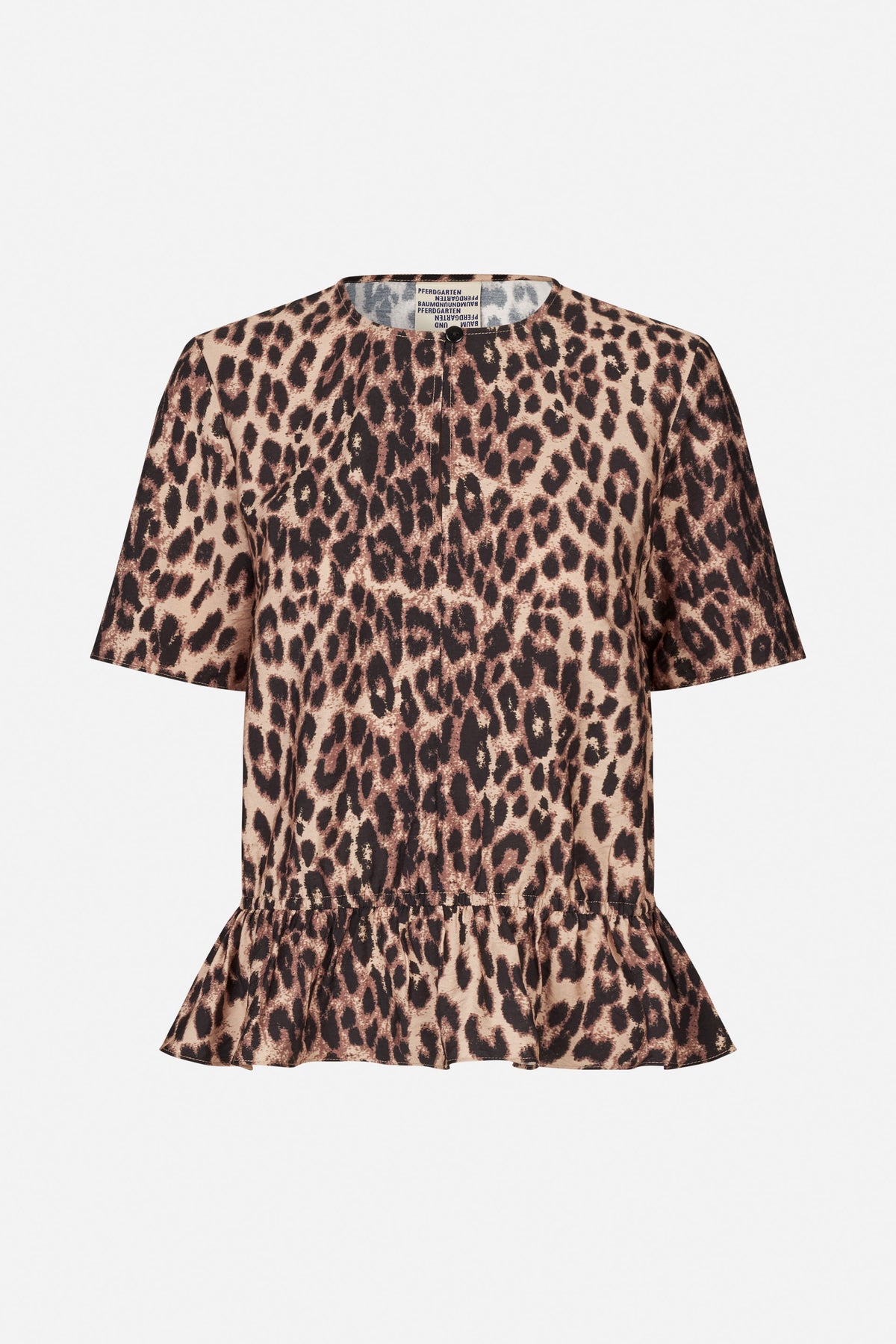 Front view of a short-sleeved leopard-print top with a round neckline, single-button closure and gathered peplum hem.