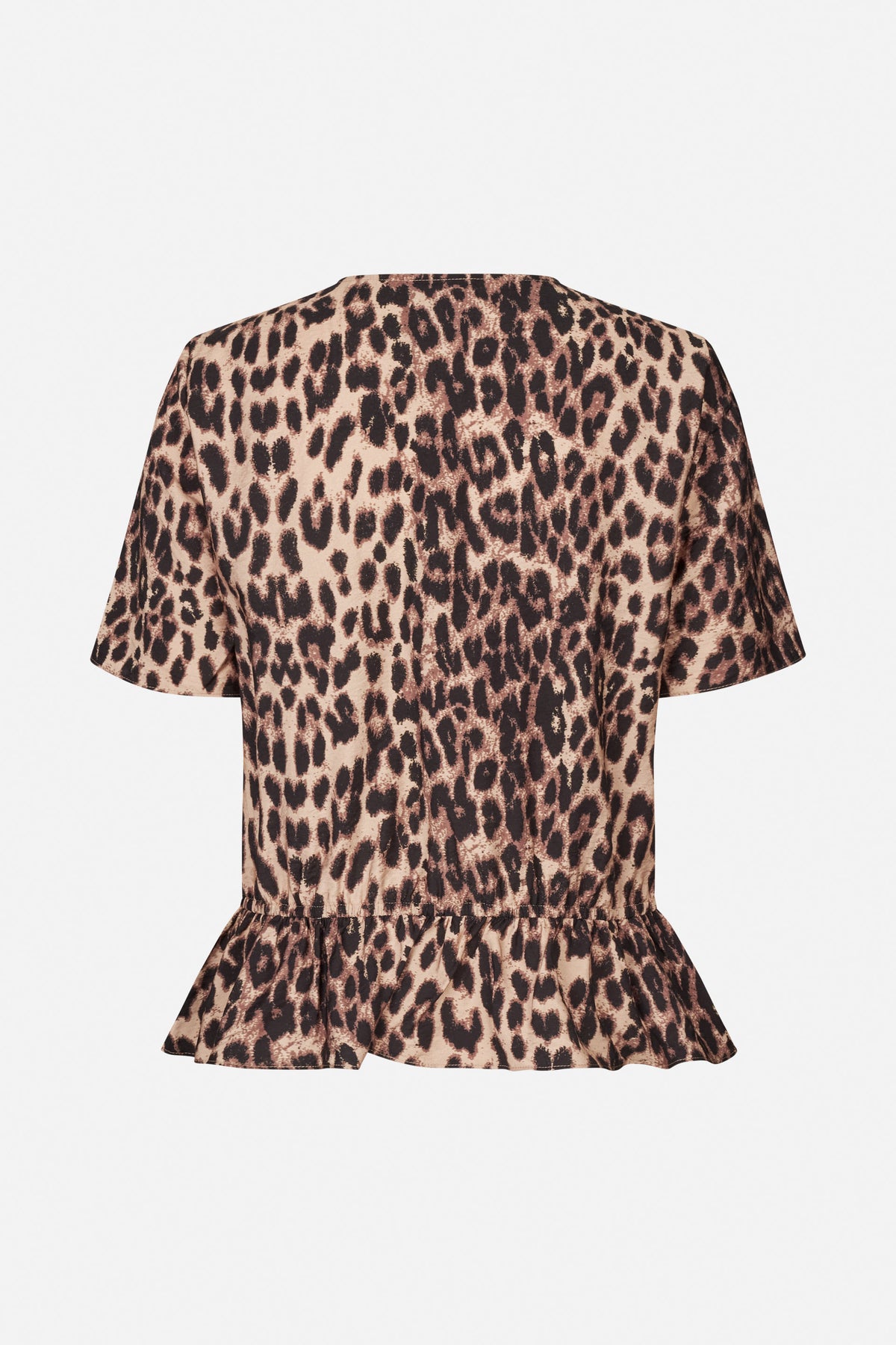 Back view of a short-sleeved peplum top in a beige, brown and black animal print, with an elasticated waist.