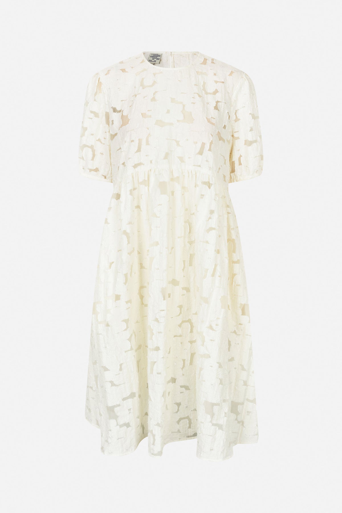Ivory short-sleeved dress with a round neckline, gathered waist and abstract textured pattern, shown from the front.