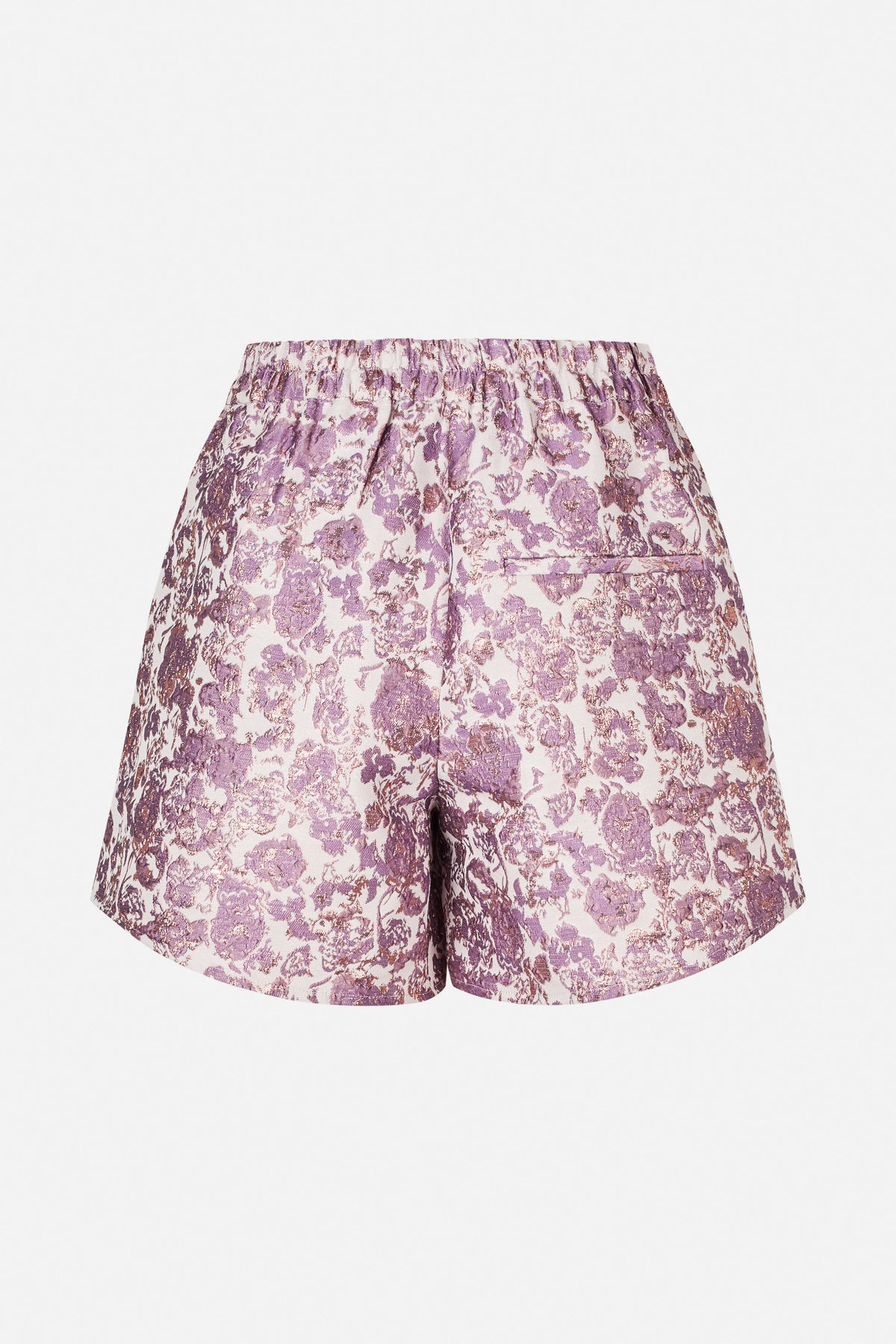 Back view of cream shorts with a purple floral pattern, elasticated waistband and a patch pocket.