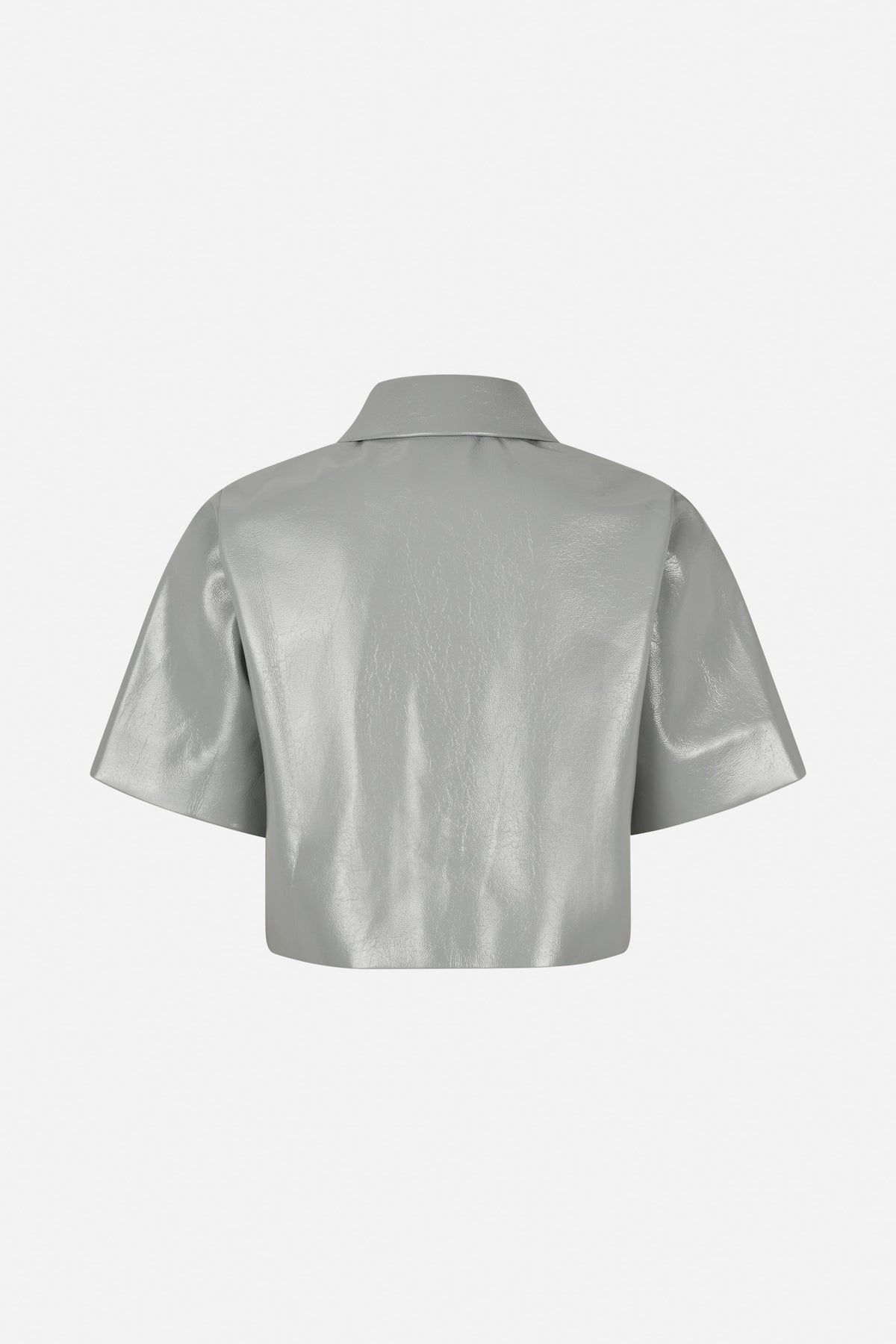 Back view of a silver-grey glossy short-sleeved shirt with a pointed collar and plain finish.