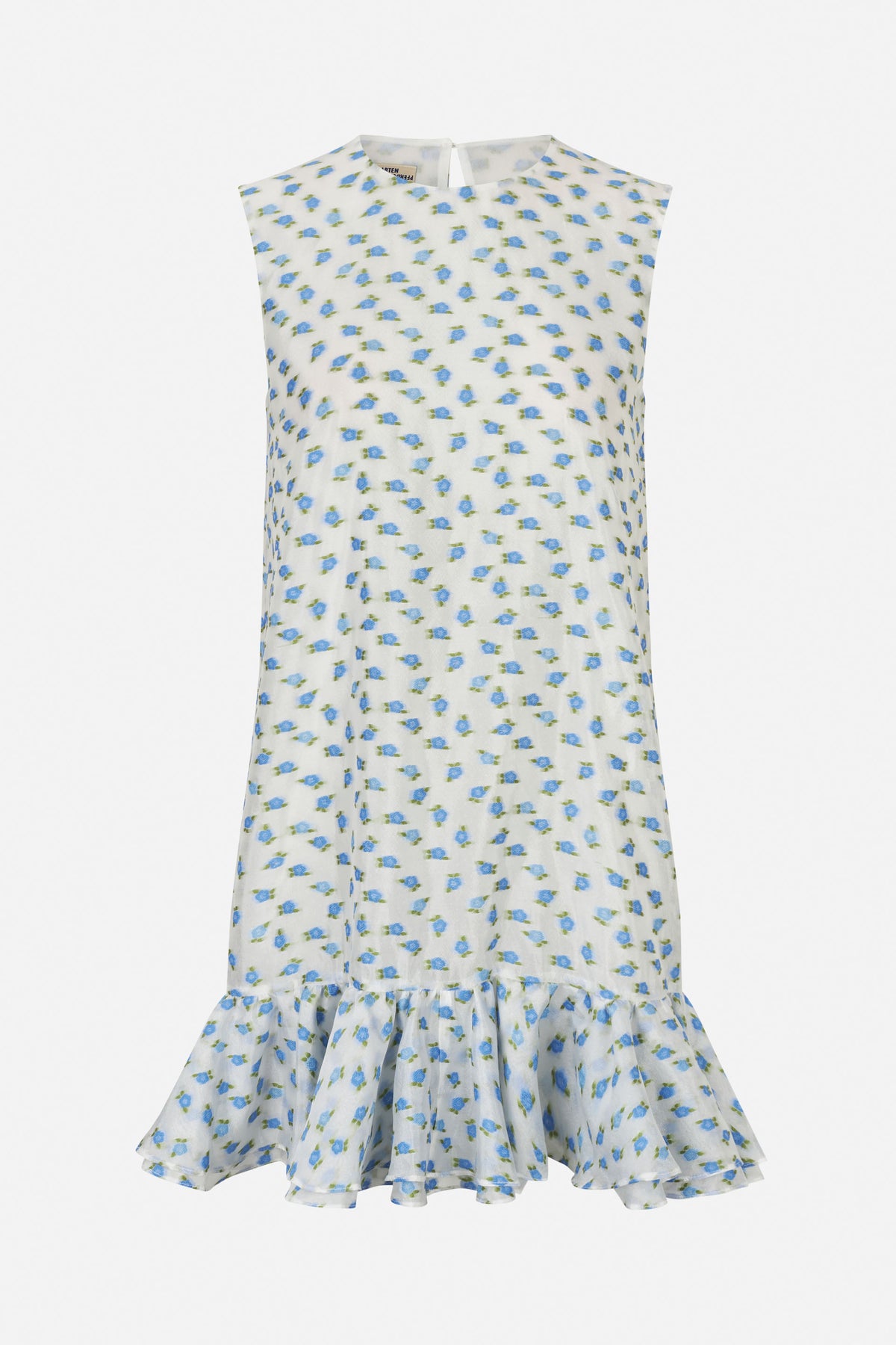 Front view of a white sleeveless dress with a scattered blue and green floral print and a gathered ruffle hem.
