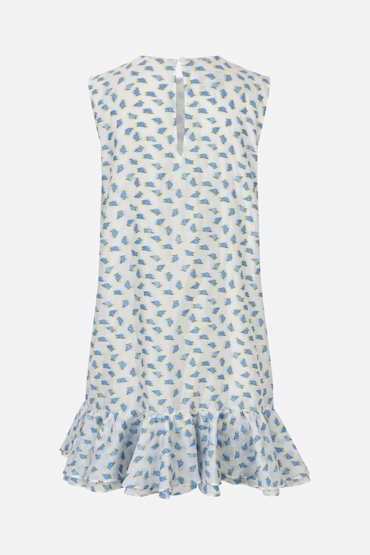 Rückansicht eines weißen ärmellosen Kleids mit kleinem Schlüsselloch am Nacken, blauem Blumenprint und mehrlagigem Rüschenbesatz am Saum