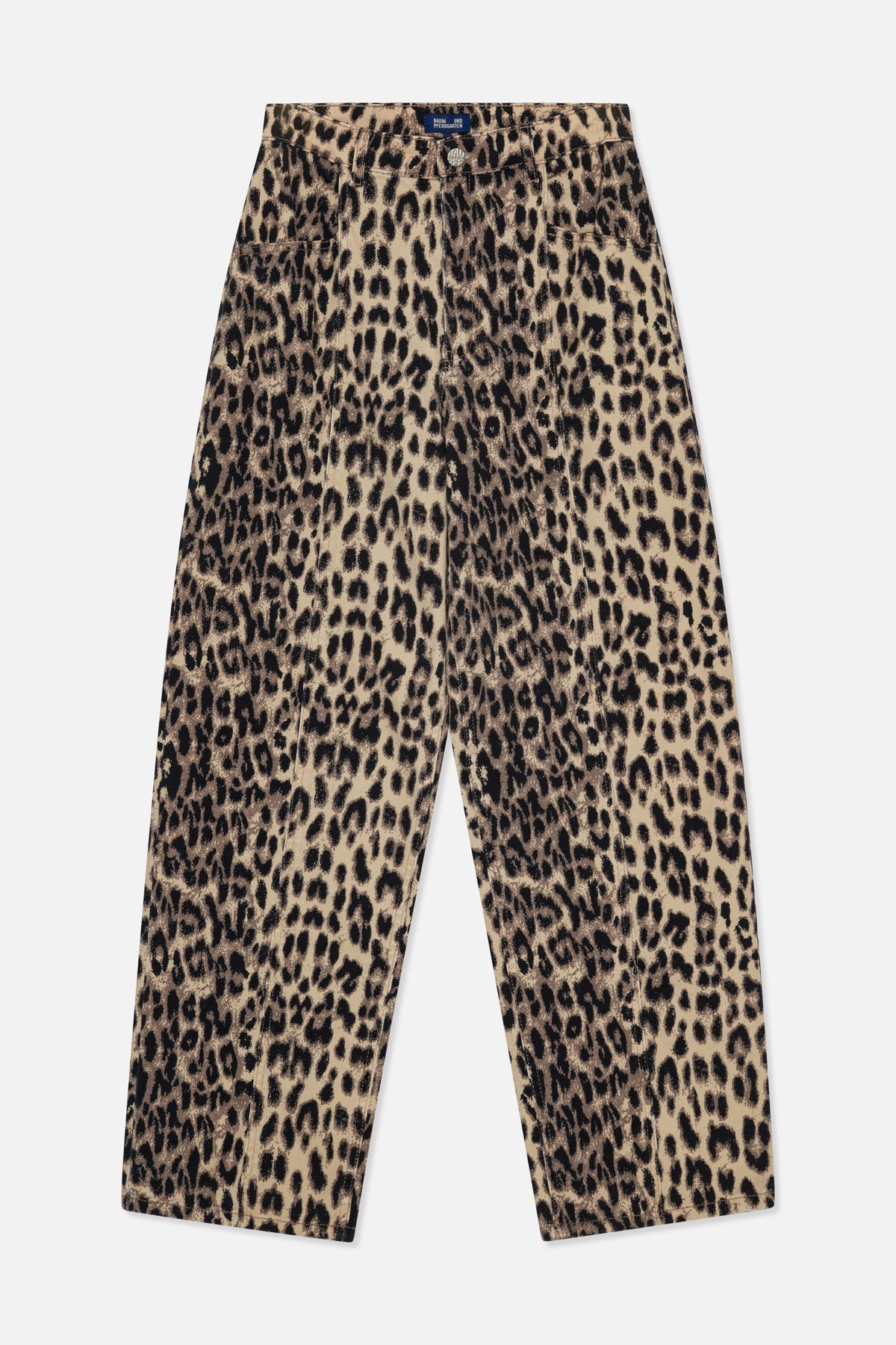 Front view of beige and brown leopard-print trousers with a button waistband, front pockets and straight legs.