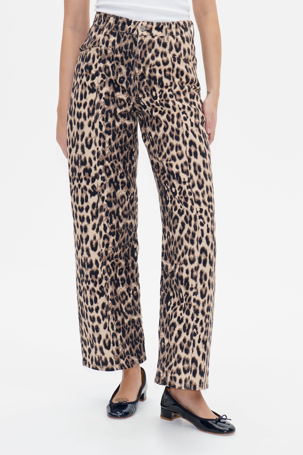 Front view of beige and black leopard-print trousers with a high waistband, belt loops and side pockets.