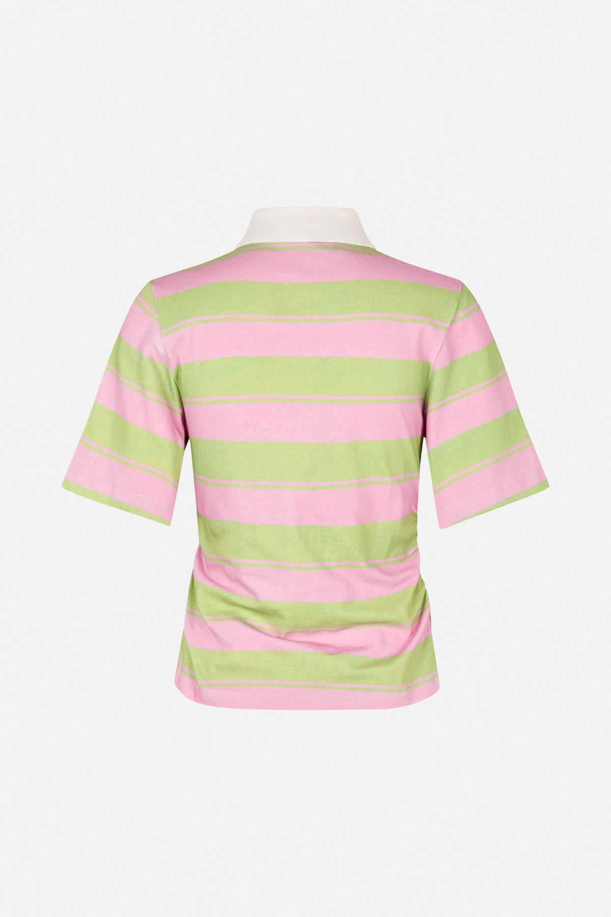 Rückenansicht eines kurzärmligen Poloshirts mit breiten pinken und hellgrünen Streifen, feinen Kontraststreifen und weißem Kragen.
