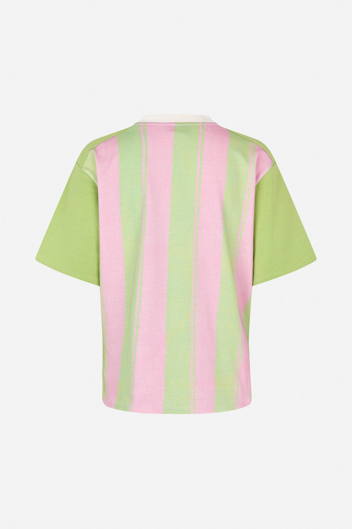 Vue arrière d'un polo à manches courtes à larges rayures verticales rose et vert clair, avec manches unies vertes et col blanc.