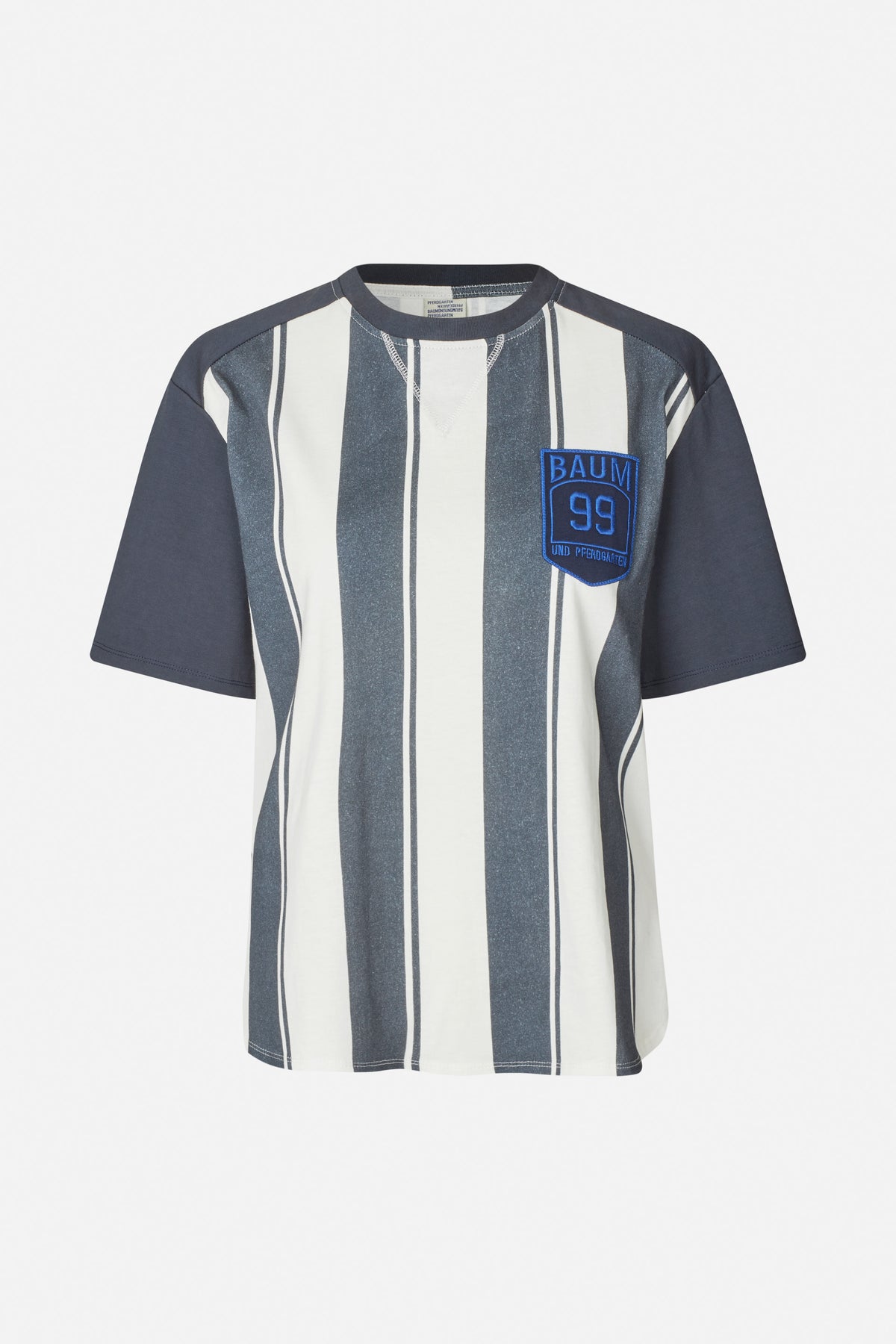 Front view of a short-sleeved T-shirt with vertical charcoal and off-white stripes, dark sleeves, and a blue 99 chest badge.