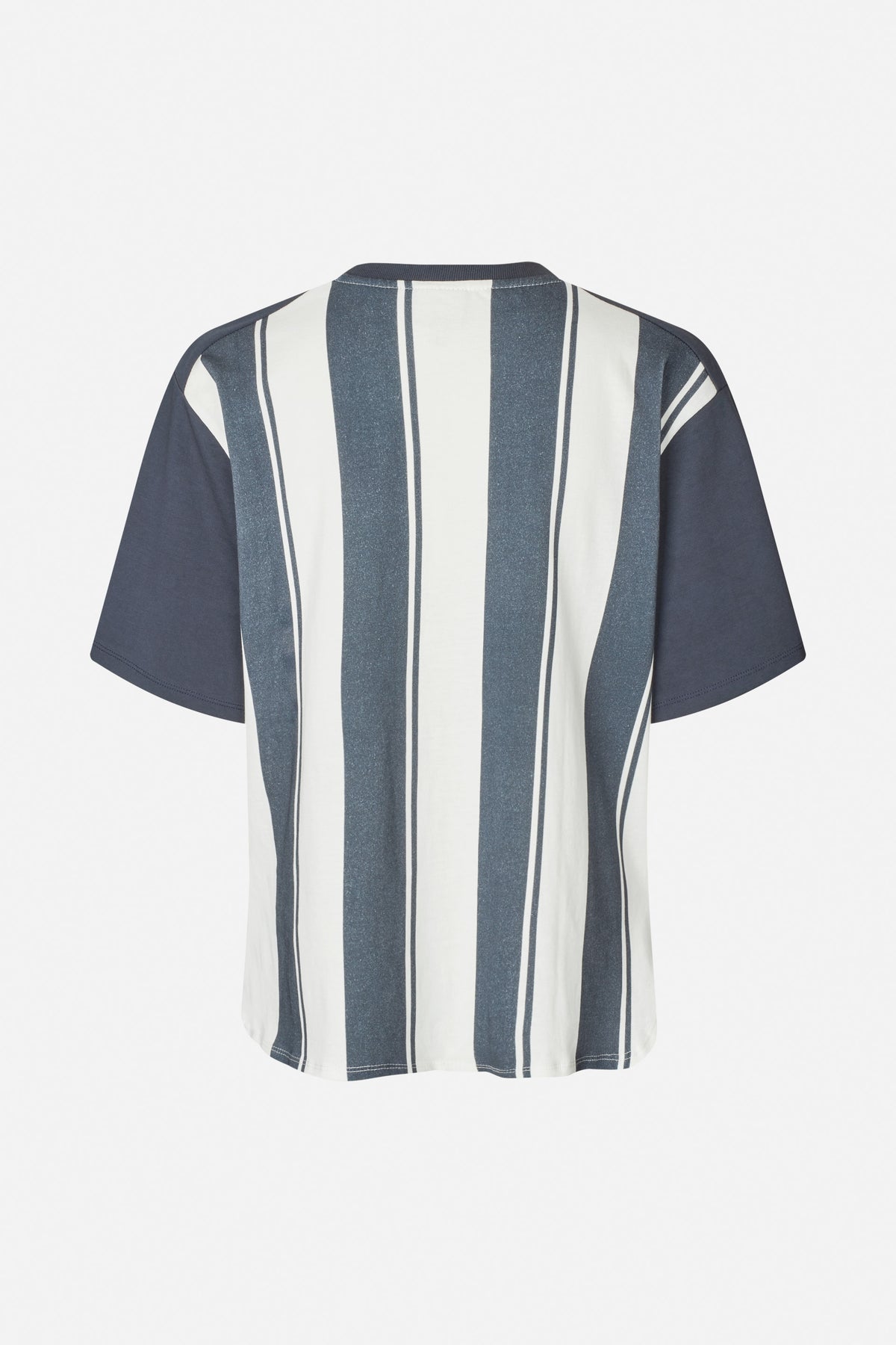 Back view of a short-sleeved T-shirt with broad vertical slate-blue and off-white stripes and solid blue sleeves.