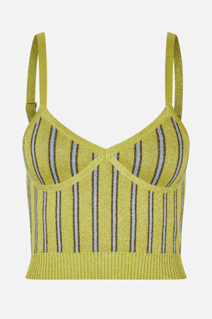 Vorderansicht eines limettengrünen, gestrickten Camisole-Tops mit dünnen Trägern, V-Ausschnitt, überkreuzten Brustbändern und schmalen blau-grauen Längsstreifen.