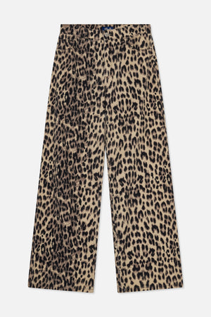 Front view of wide-leg trousers with a beige, brown and black leopard print, button fastening and curved front pockets.