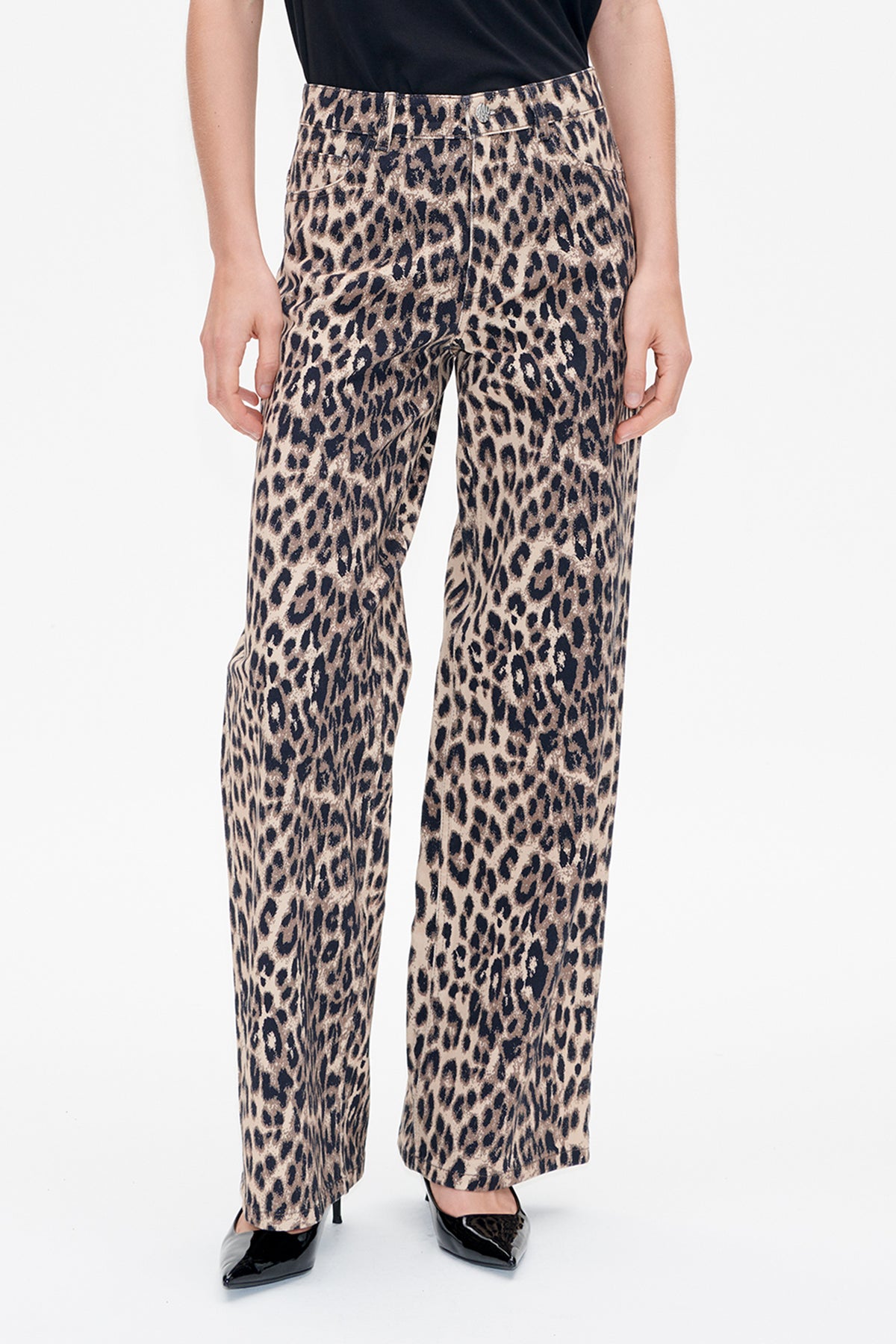 Front view of beige and black leopard-print wide-leg trousers with a high waist and front pockets, styled with a black top.